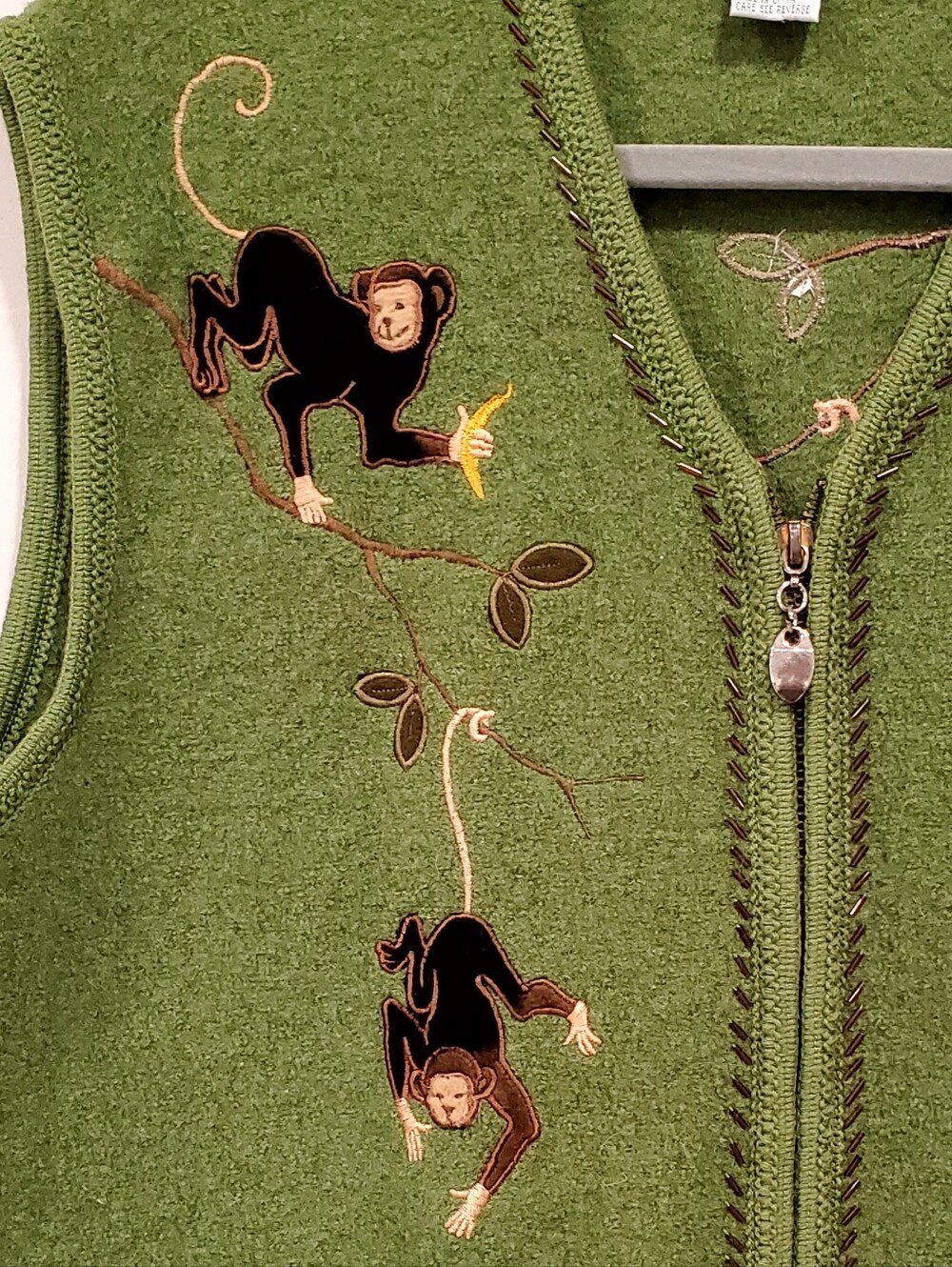 Vtg Avocado Green Wool w/ Embroidery+ Beading, Cute Monkeys Zip-Up Vest XL